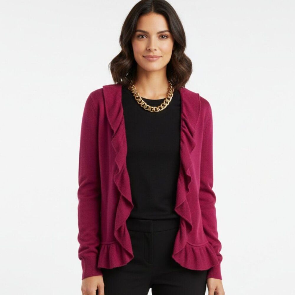 Central Park West Cashmere & Silk Ruffle Front Long Sleeve Cardigan Sweater L